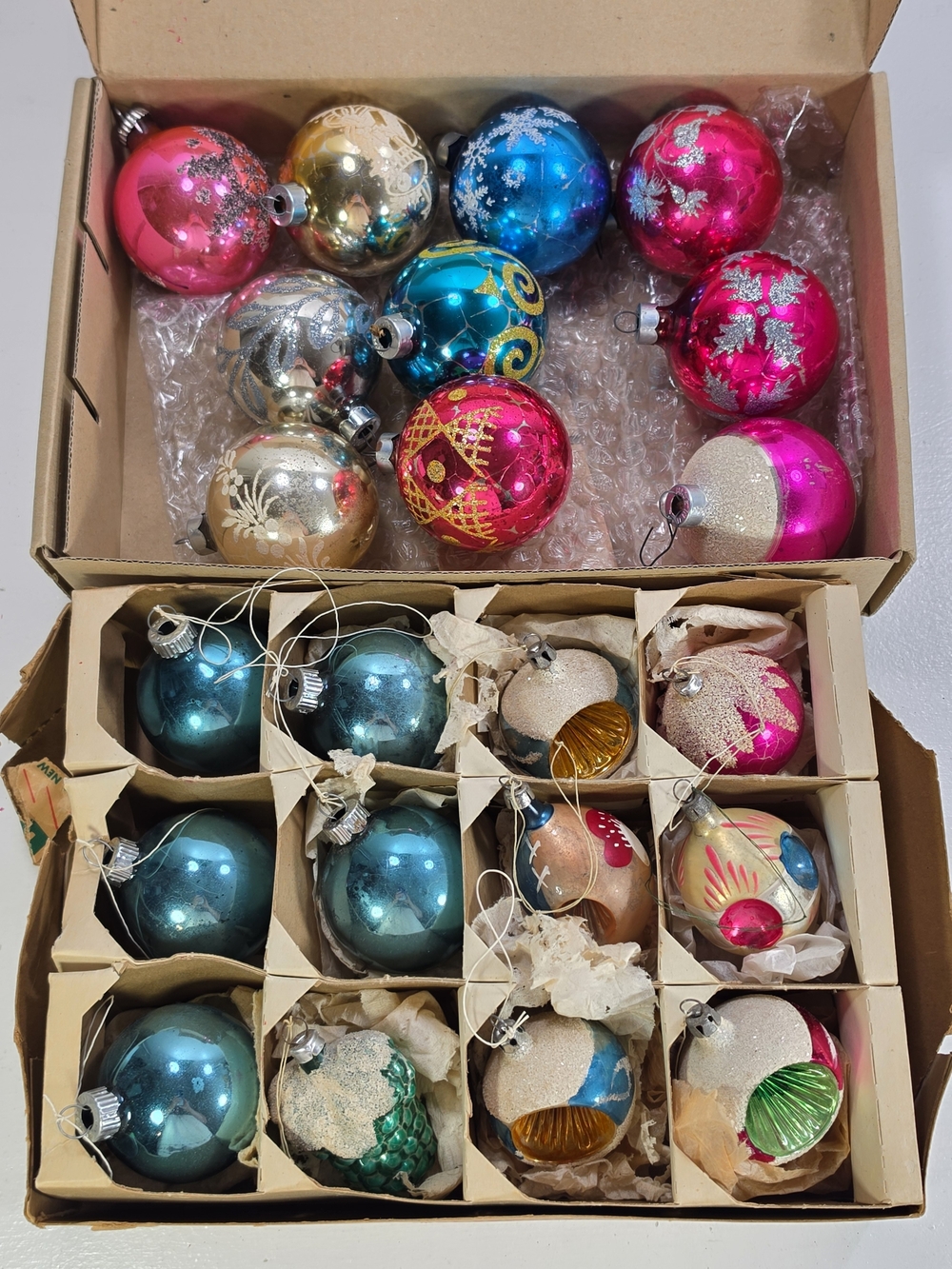 Vintage Mercury Glass Holiday Ornament Set  Teal, Pink, Gold Christmas Retro